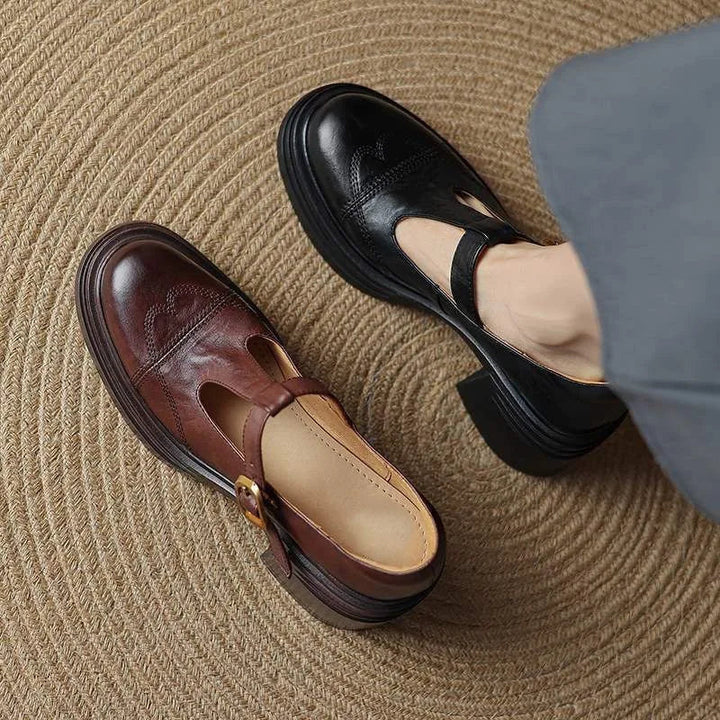 Fashionable women's leather T-strap block heel shoes, ideal for adding a touch of classic elegance.