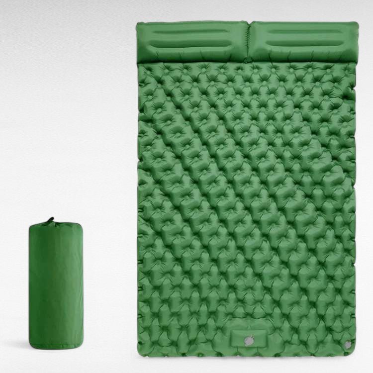 Spacious green double air mattress for camping, fast inflation, comfortable 2-person sleep pad.