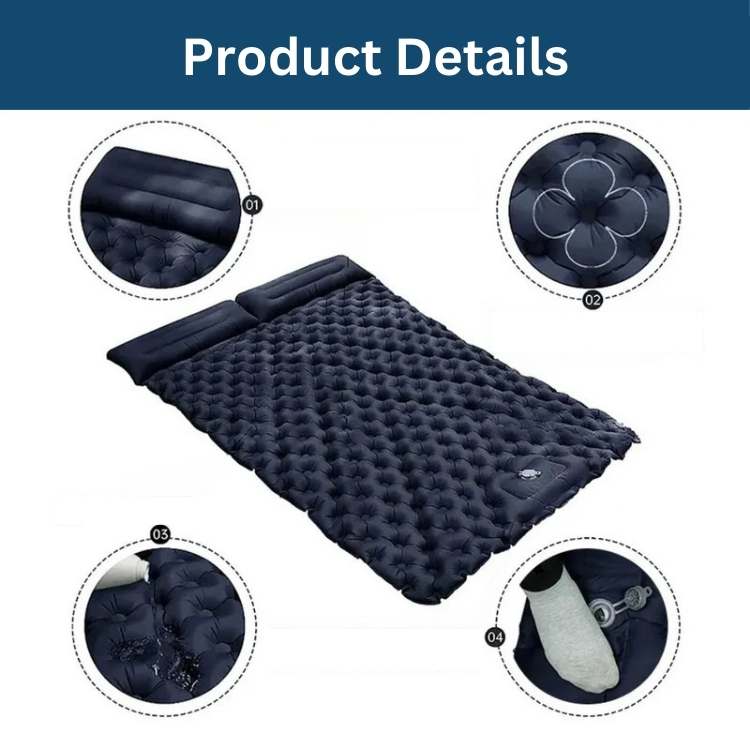 Comfortable dark blue two-person camping mattress, perfect sleep pad for outdoor adventures.