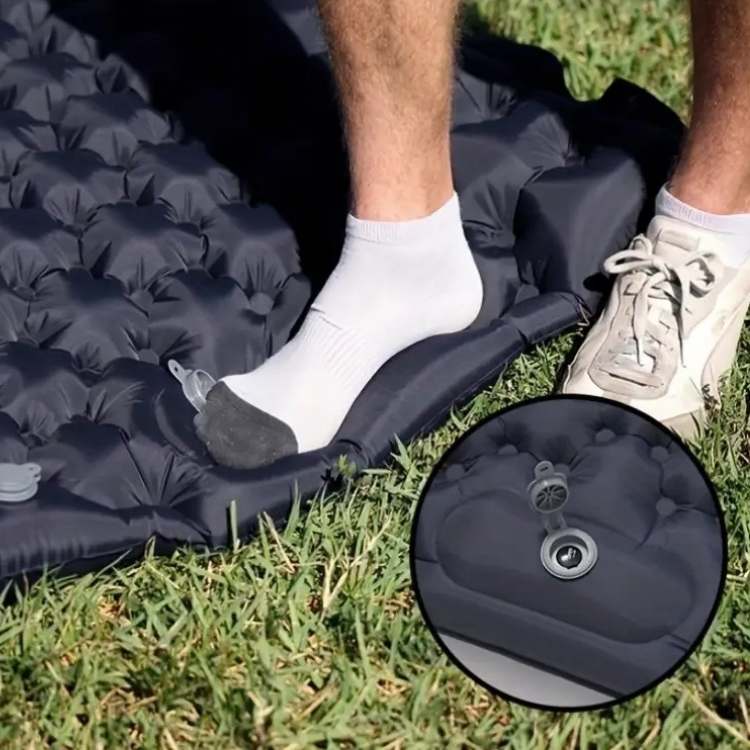 Fast-inflating brown double air mattress, portable & spacious for 2-person camping comfort.