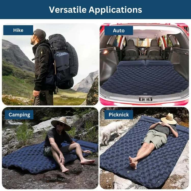 Durable outdoor 2-person camping mattress, light blue, a comfortable inflatable sleep pad for trips.