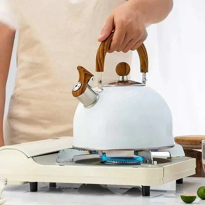 Stainless steel whistling stovetop kettle with insulated handle for brewing tea & coffee.
