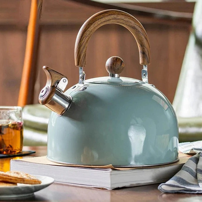 Modern kitchen whistling tea kettle for stovetops, featuring a cool-touch, ergonomic handle.