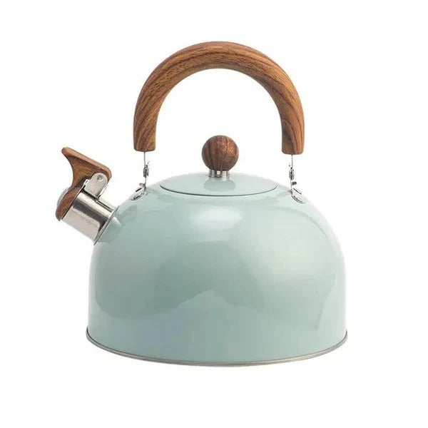 Whistling stovetop tea kettle boiling water on a gas range, highlighting its insulated handle.