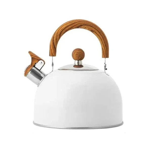 Ergonomic whistling stovetop kettle with an insulated, heat-resistant handle for safe pouring.