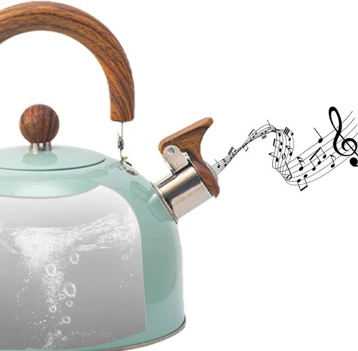 Stylish whistling stovetop kettle, a modern kitchen appliance, crafted from polished stainless steel.