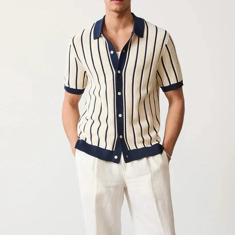 Comfortable men's long-sleeve striped knit shirt with button placket, perfect for retro & everyday style.