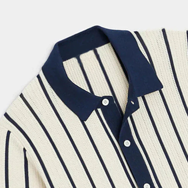 Stylish men's striped knit shirt, long sleeve, featuring a classic button placket for a retro casual look.
