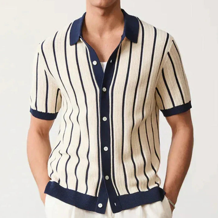 Men's striped knit shirt with button placket, ideal for casual wear & summer fashion.