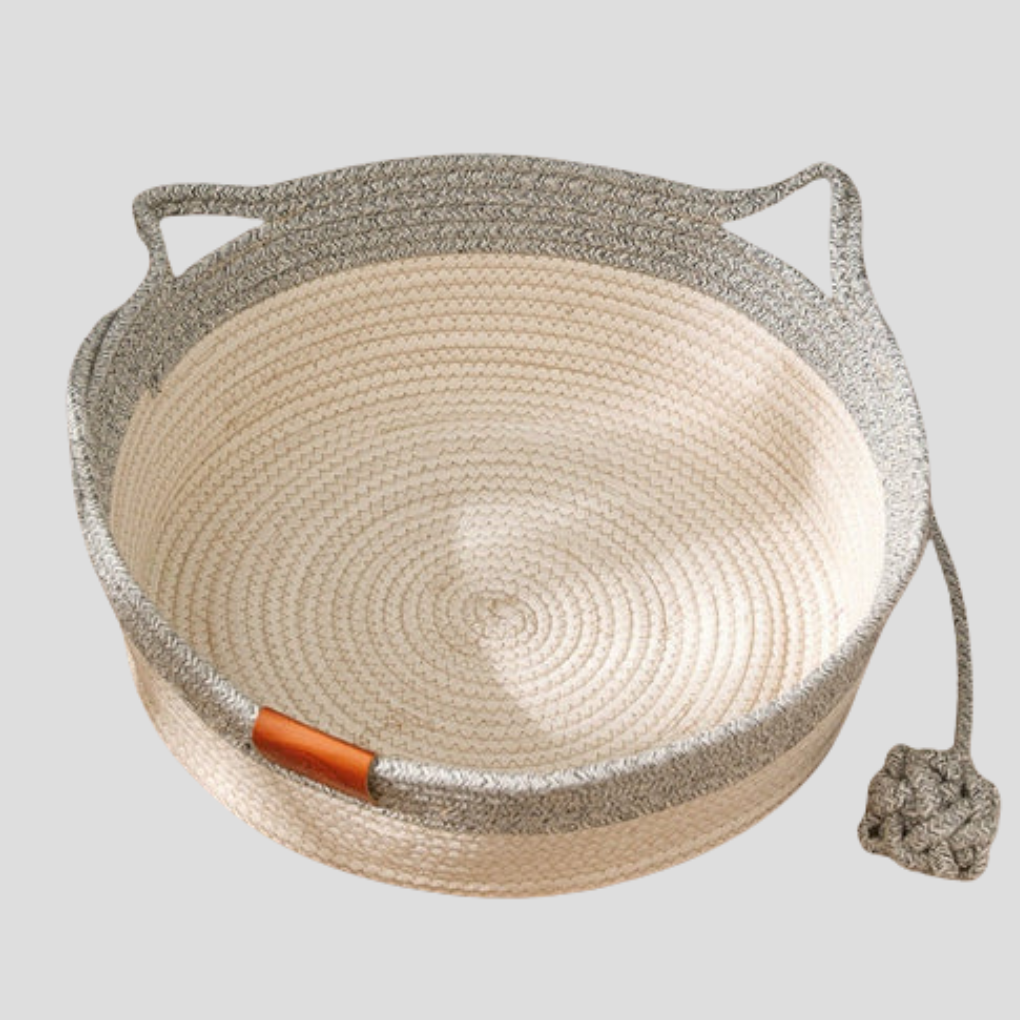Stylish gray woven cotton rope cat bed. Cozy pet lounge furniture for indoor cats.