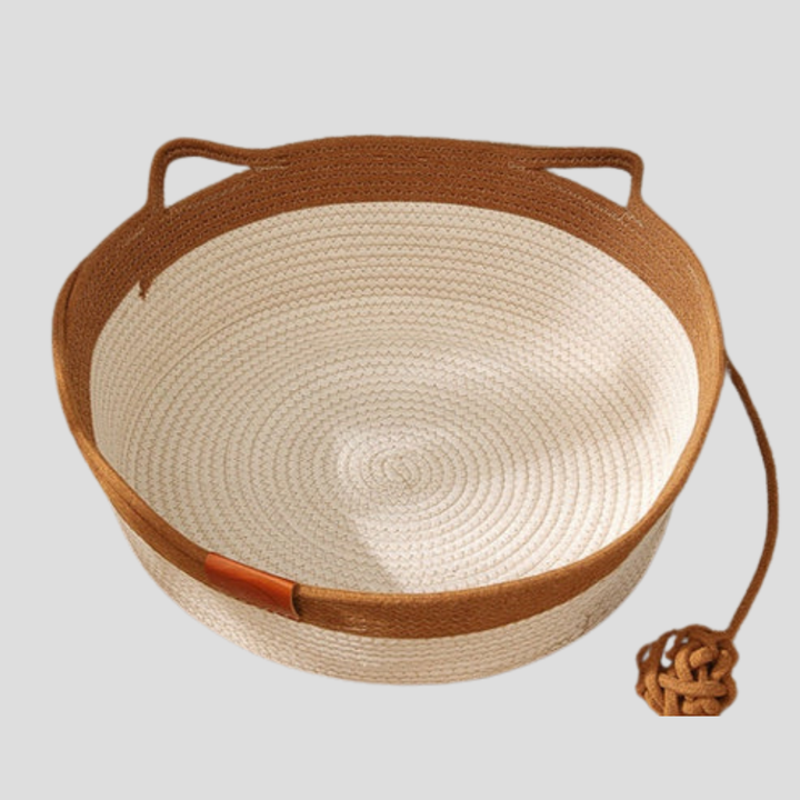 Hand-woven khaki cotton rope cat bed & pet lounge. Comfortable & durable cat furniture.