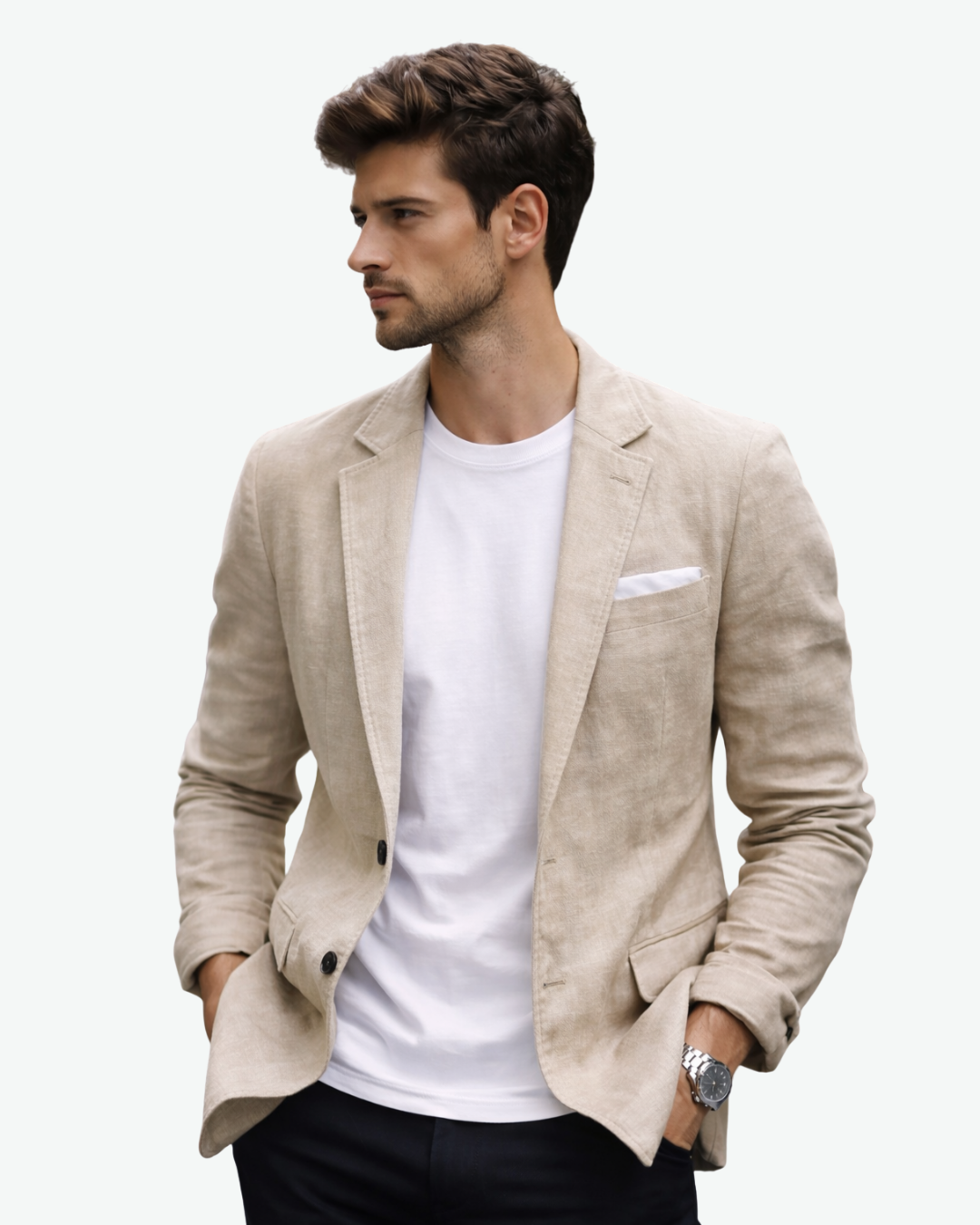 Stylish men's beige notch lapel blazer jacket with distinct patch pockets, ideal for smart casual or business wear.