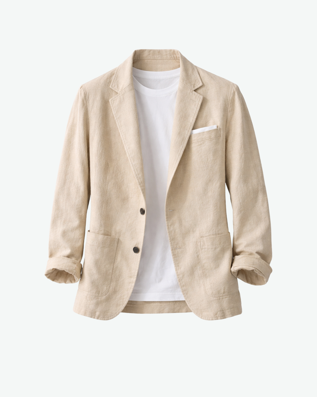 Versatile men's beige blazer jacket featuring a classic notch lapel and practical patch pockets for a modern look.