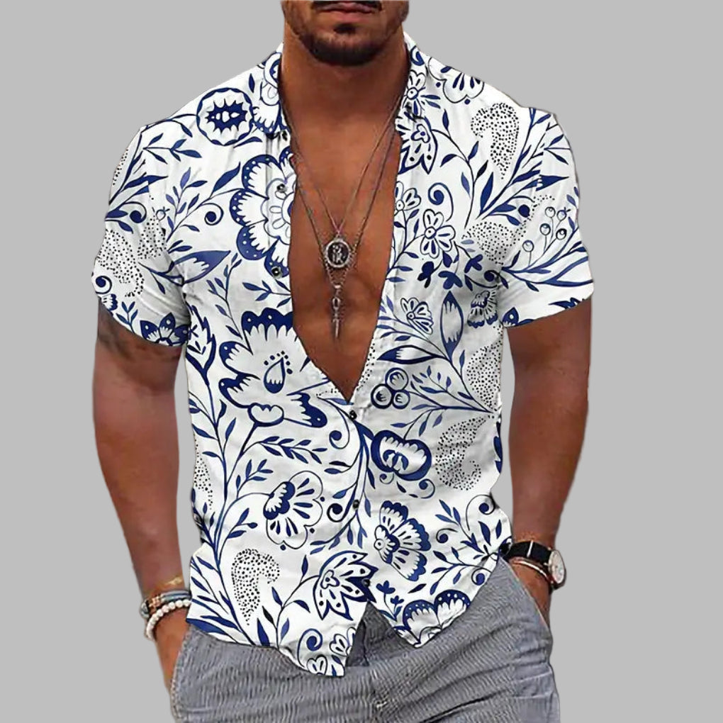 Stylish men's designer print short-sleeve shirt, ideal for summer casual wear & beach vacations.