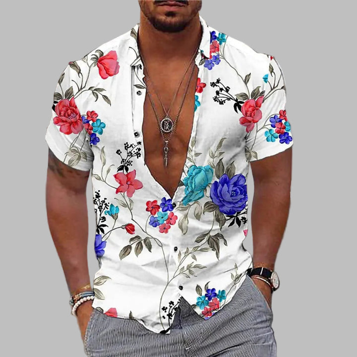 Modern men's comfortable button-down short-sleeve print shirt, perfect for summer fashion & casual looks.