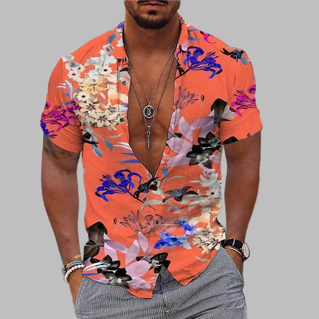 Men's stylish short-sleeve button-down print shirt, perfect for summer comfort, modern casual fashion & beach.