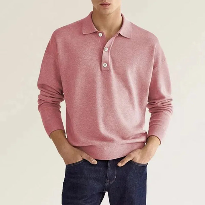 Stylish men's long sleeve half-button polo shirt for smart casual occasions.