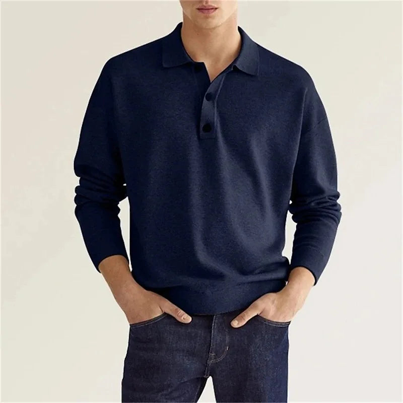 Comfortable men's long sleeve polo with half-button placket, perfect for everyday versatile wear.