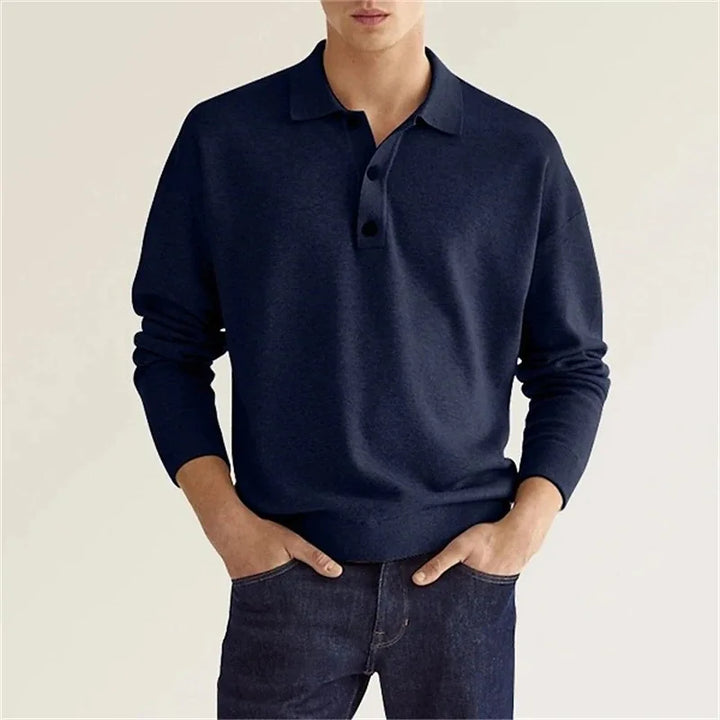 Comfortable men's long sleeve polo with half-button placket, perfect for everyday versatile wear.