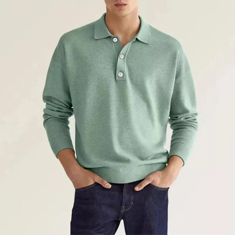 Fashionable men's half-button long sleeve polo shirt, essential for a stylish smart casual wardrobe.