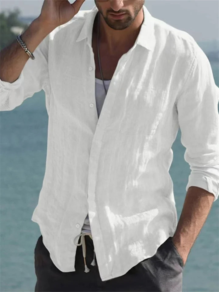 Stylish men's long sleeve summer shirt, lightweight & comfortable for casual warm weather wear. Modern fit.