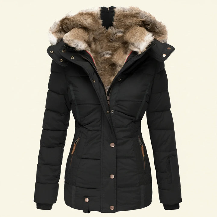 Stylish women's hooded winter puffer jacket, perfect for warmth & comfort in cold weather.