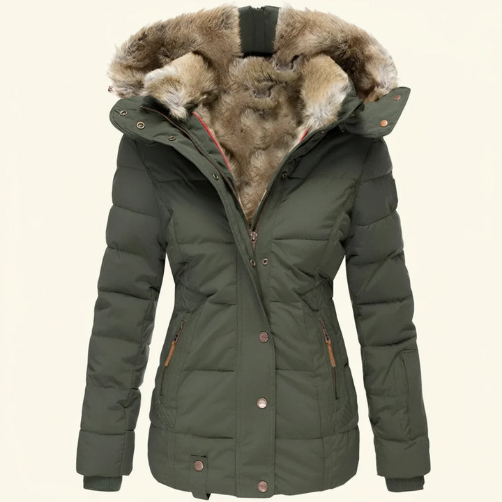 Fashionable women's quilted hooded jacket, offering ultimate warmth and comfort for winter.
