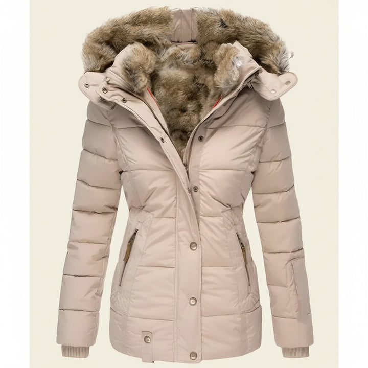 Chic women's hooded puffer jacket, featuring a warm design for cold weather fashion.