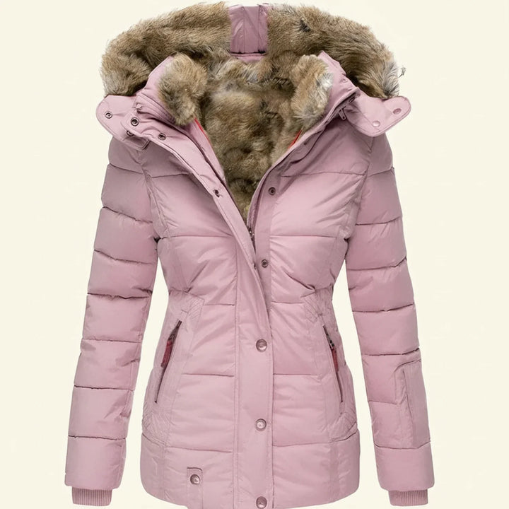 Women's warm hooded winter jacket, perfect for stylish cold weather protection and comfort.