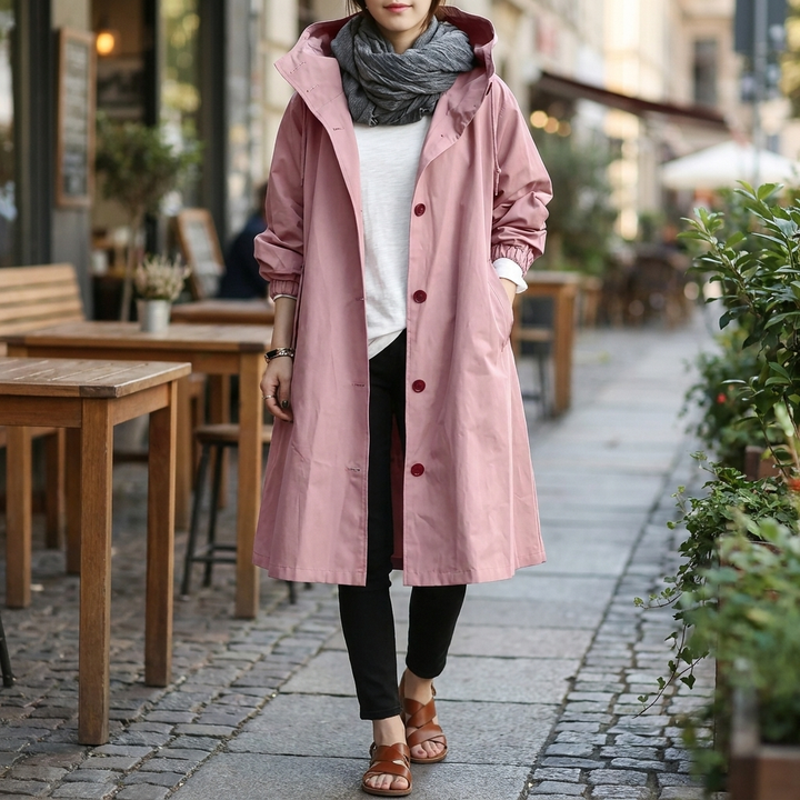 Stylish women's oversized raincoat with hood for wet weather protection. Water-resistant fashion outerwear.