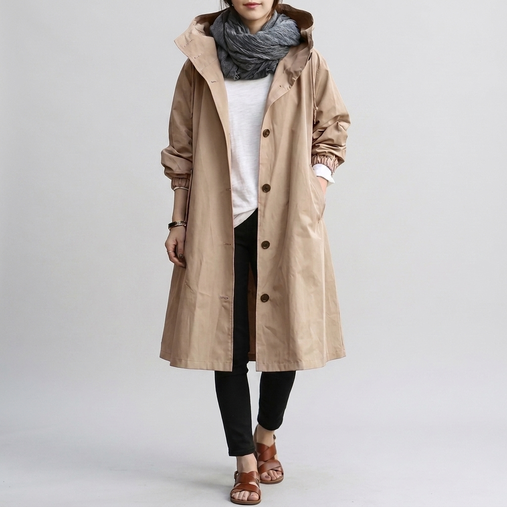 Modern oversized women's raincoat. Long-sleeve, hooded, water-resistant for stylish weather protection.