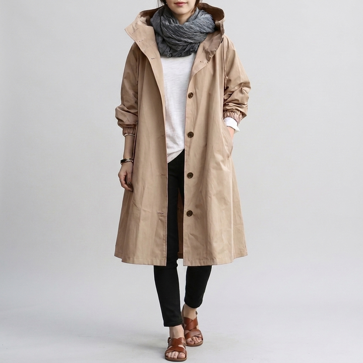 Modern oversized women's raincoat. Long-sleeve, hooded, water-resistant for stylish weather protection.