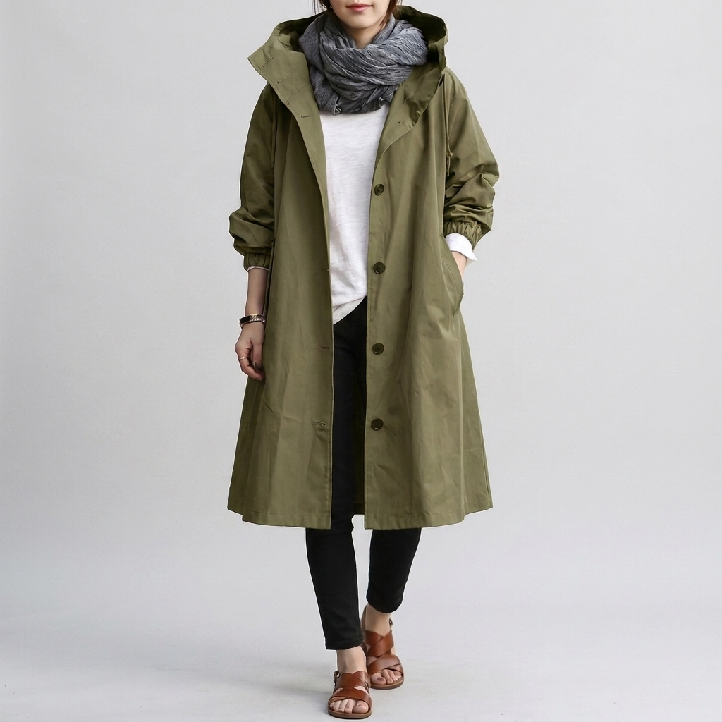 Oversized women's rain jacket, versatile layering piece for casual everyday wear in spring & fall.