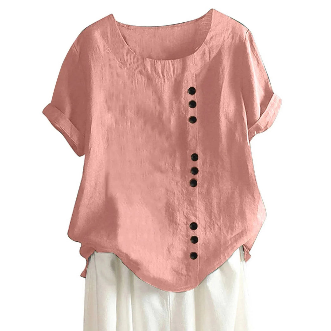 Stylish women's short sleeve button-up casual top with unique asymmetrical placket for everyday wear.