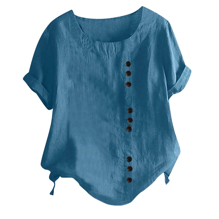 Versatile women's button-up blouse, short sleeve, featuring a chic asymmetrical placket, perfect for casual fashion.