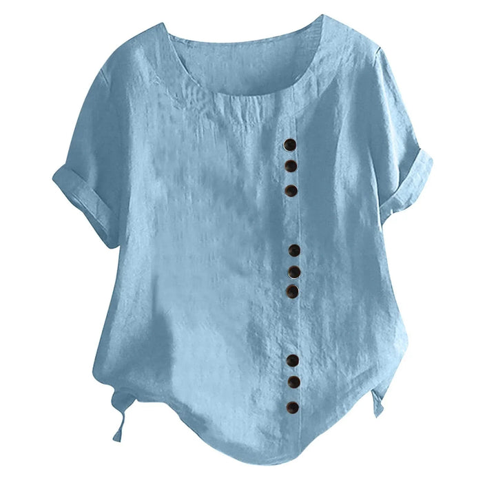 Casual women's shirt with a distinctive asymmetrical button-up placket and short sleeves, ideal for daily style.
