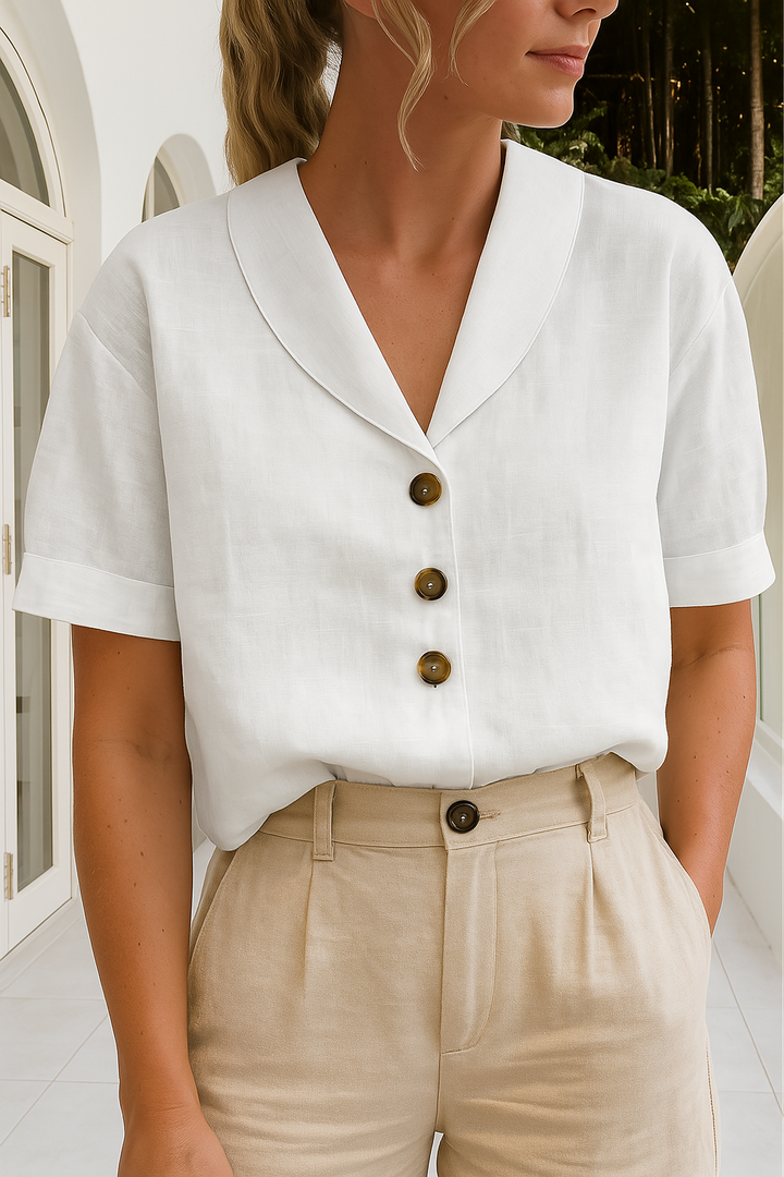 Stylish women's short sleeve V-neck button-up blouse, perfect for workwear or casual chic summer fashion.