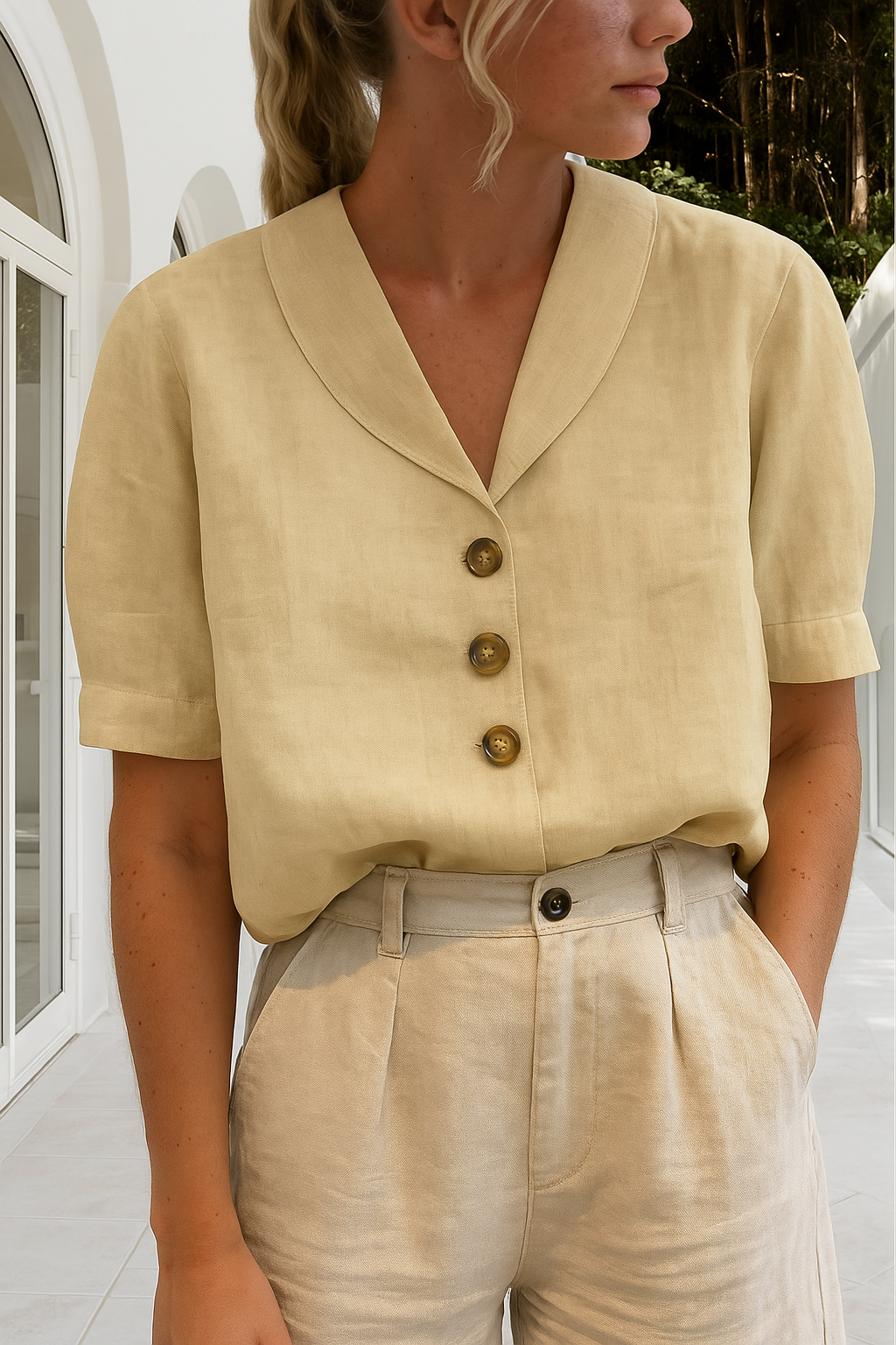Versatile women's V-neck button-up blouse with short sleeves, available in white, black, beige, or gray.