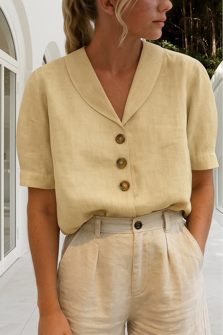 Versatile women's V-neck button-up blouse with short sleeves, available in white, black, beige, or gray.