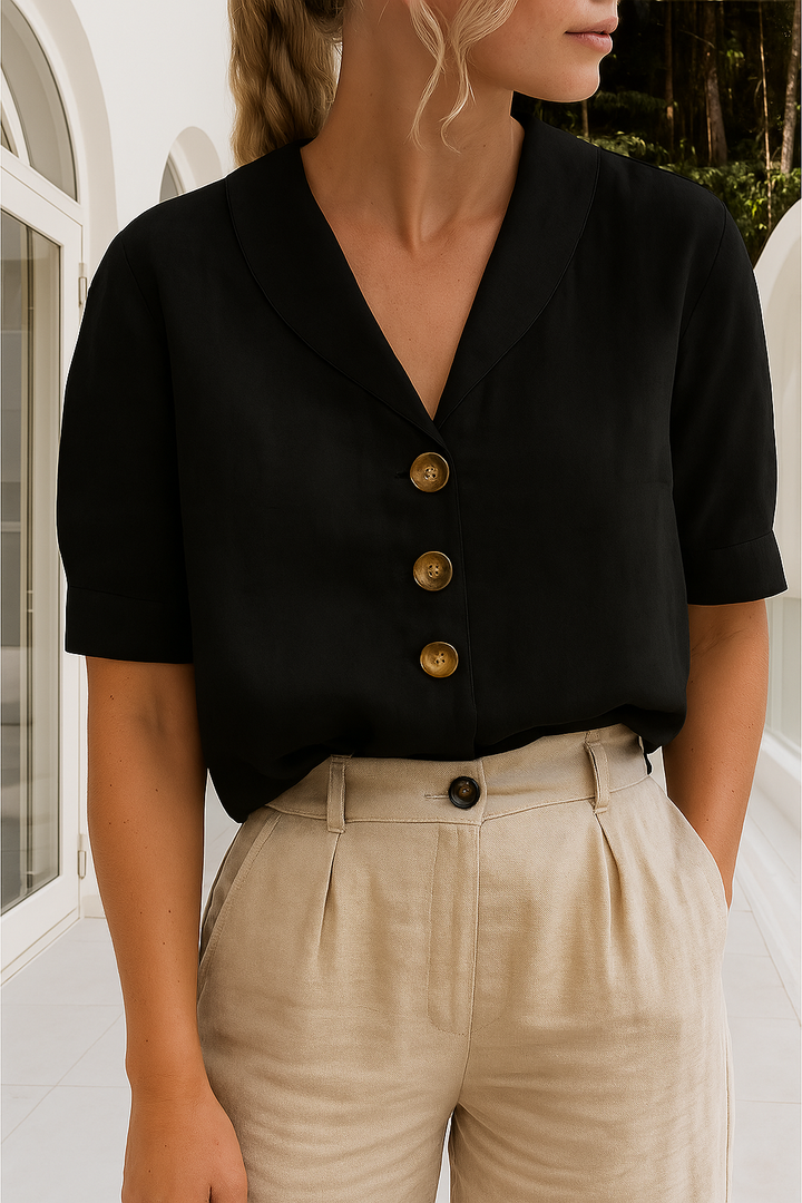 Chic women's collared V-neck button-up blouse with short sleeves, ideal for office wear and everyday style.