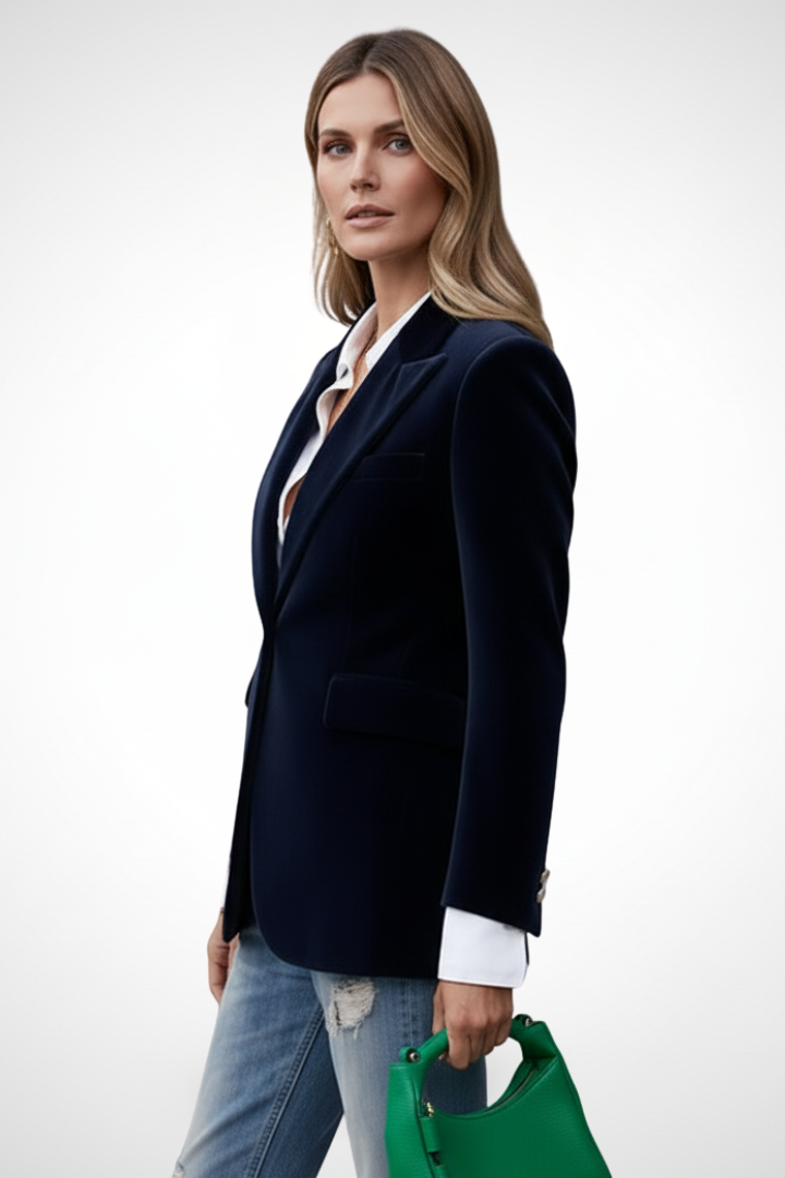 Back view of a sleek women's professional blazer, offering a flattering silhouette for elegant office outerwear.