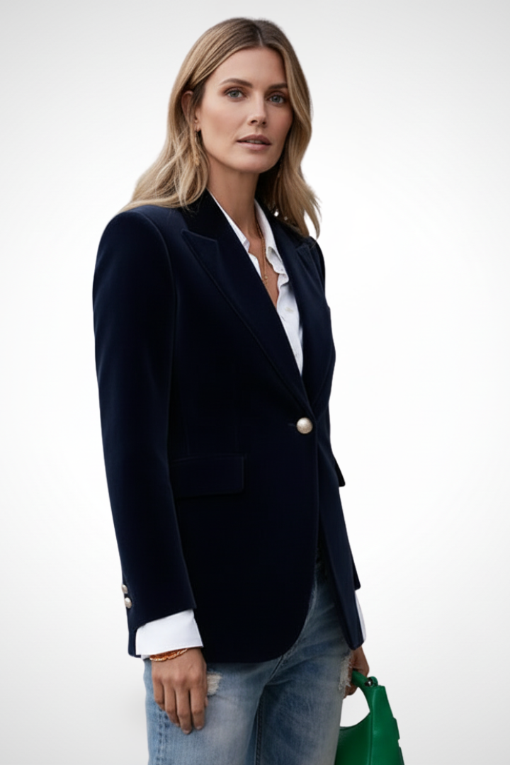 Side profile of a women's versatile single-button blazer, showcasing its tailored fit for smart business casual.