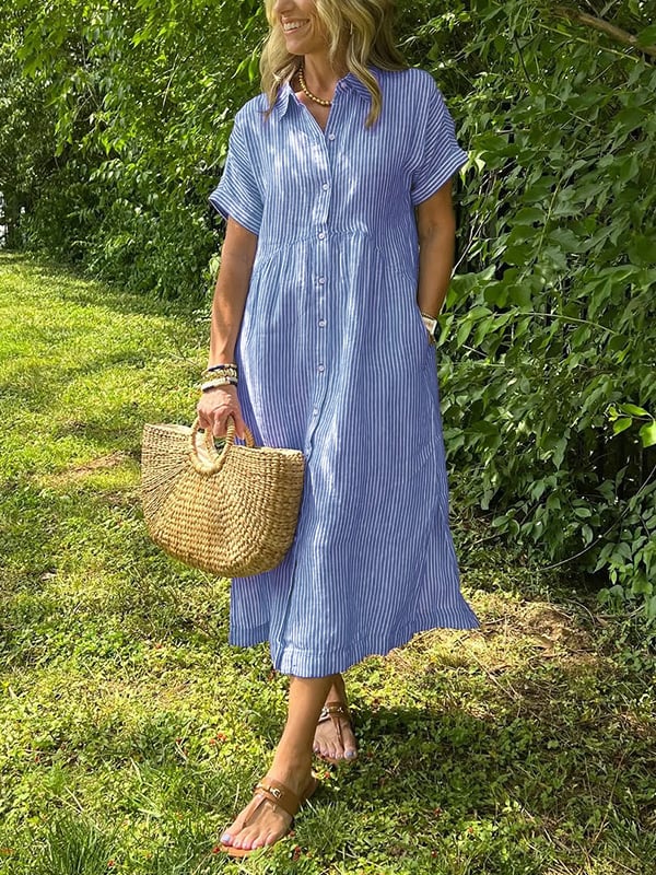 Stylish women's striped midi dress with button-front, perfect for casual summer elegance. Versatile everyday wear.