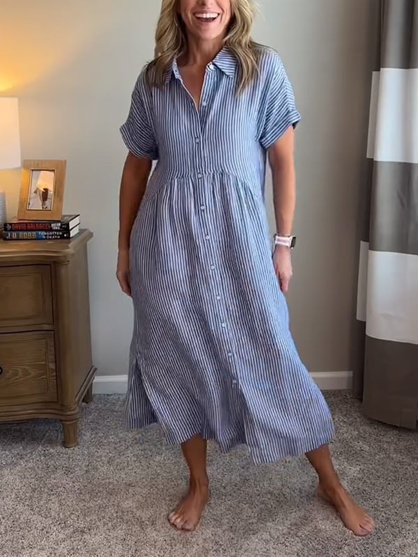 Women's elegant striped midi dress with full button-front, short sleeves & a flattering silhouette. Casual fashion.