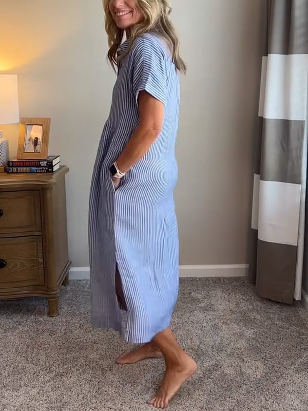 Stylish short-sleeve striped midi dress for women, button-front detail, perfect for casual summer fashion.