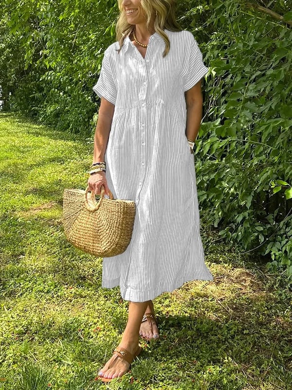 Elegant short-sleeve collared midi dress for women, featuring a chic striped pattern & functional button-front.