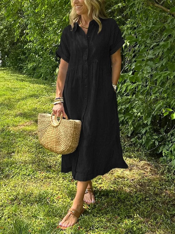 Versatile casual striped midi dress for women, ideal for everyday wear or a stylish summer outfit. Button-front.