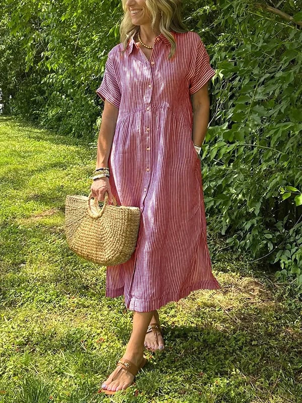 Women's button-front striped midi dress with short sleeves, combining comfort with effortless style & fashion.