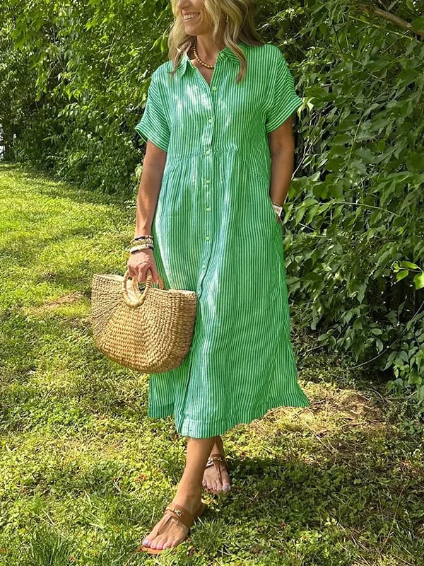 Fashionable women's striped button-front midi dress, a stylish and versatile choice for summer apparel. Everyday.
