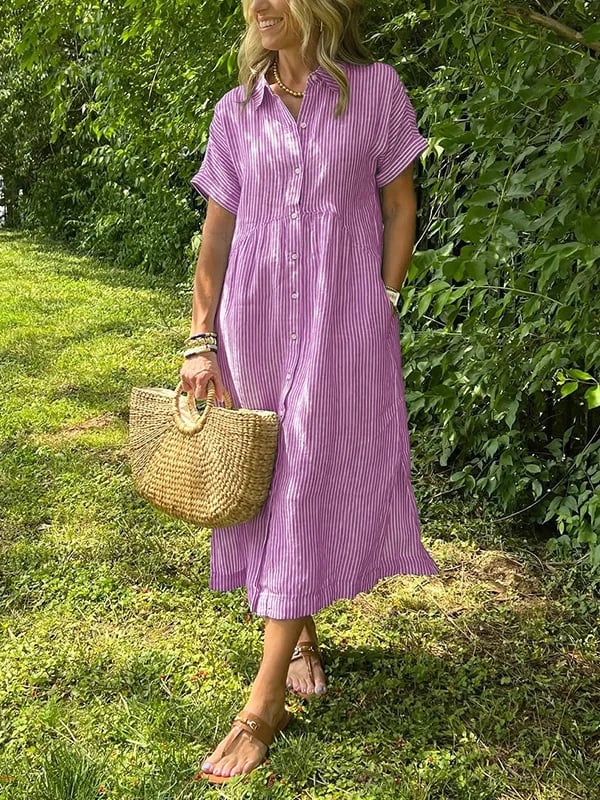 Women's short-sleeve striped midi dress with a button-front design, great for casual summer fashion. Elegant.